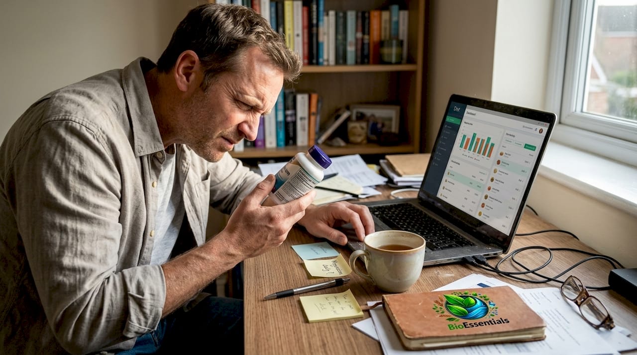 Man inspecting magnesium supplement bottle at desk