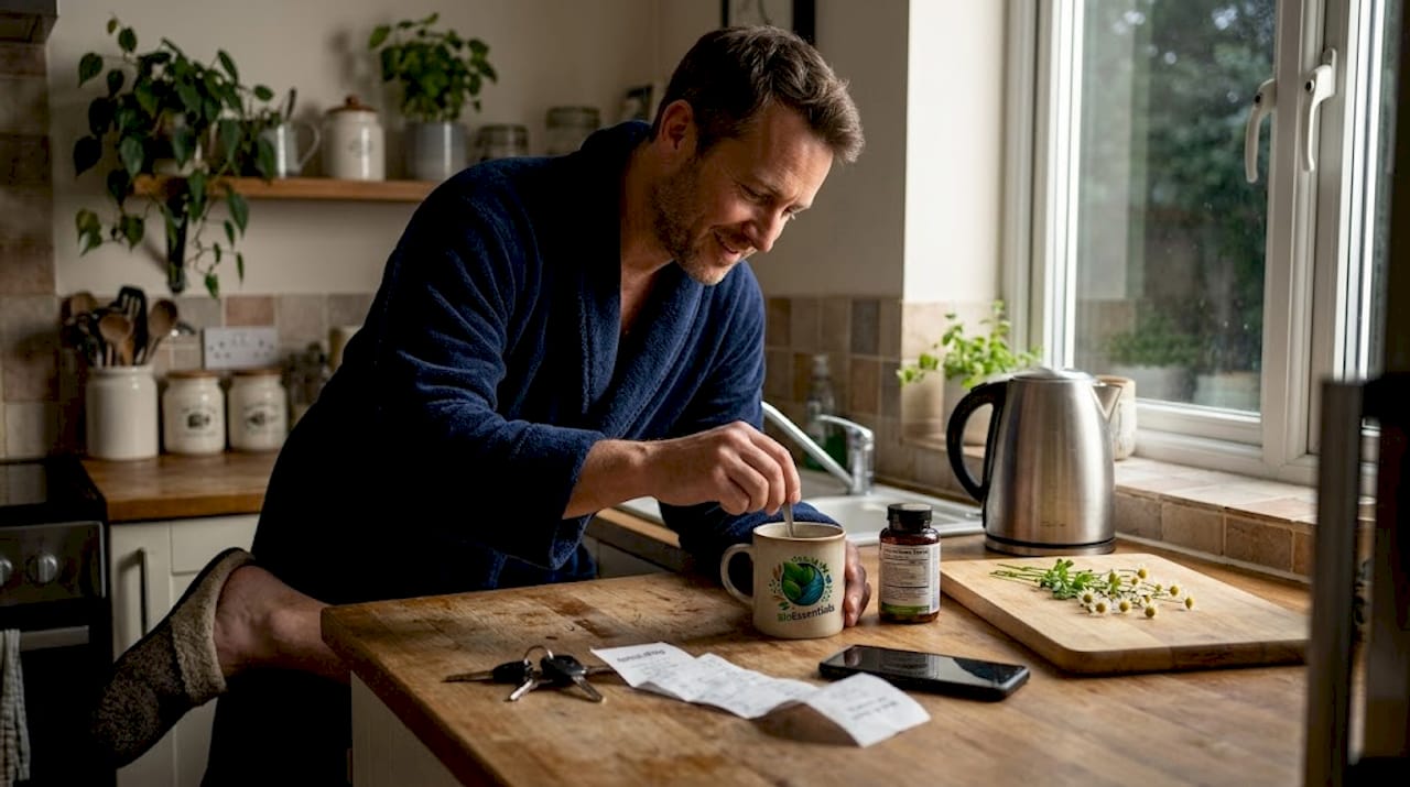 Man reading supplement label in kitchen at night