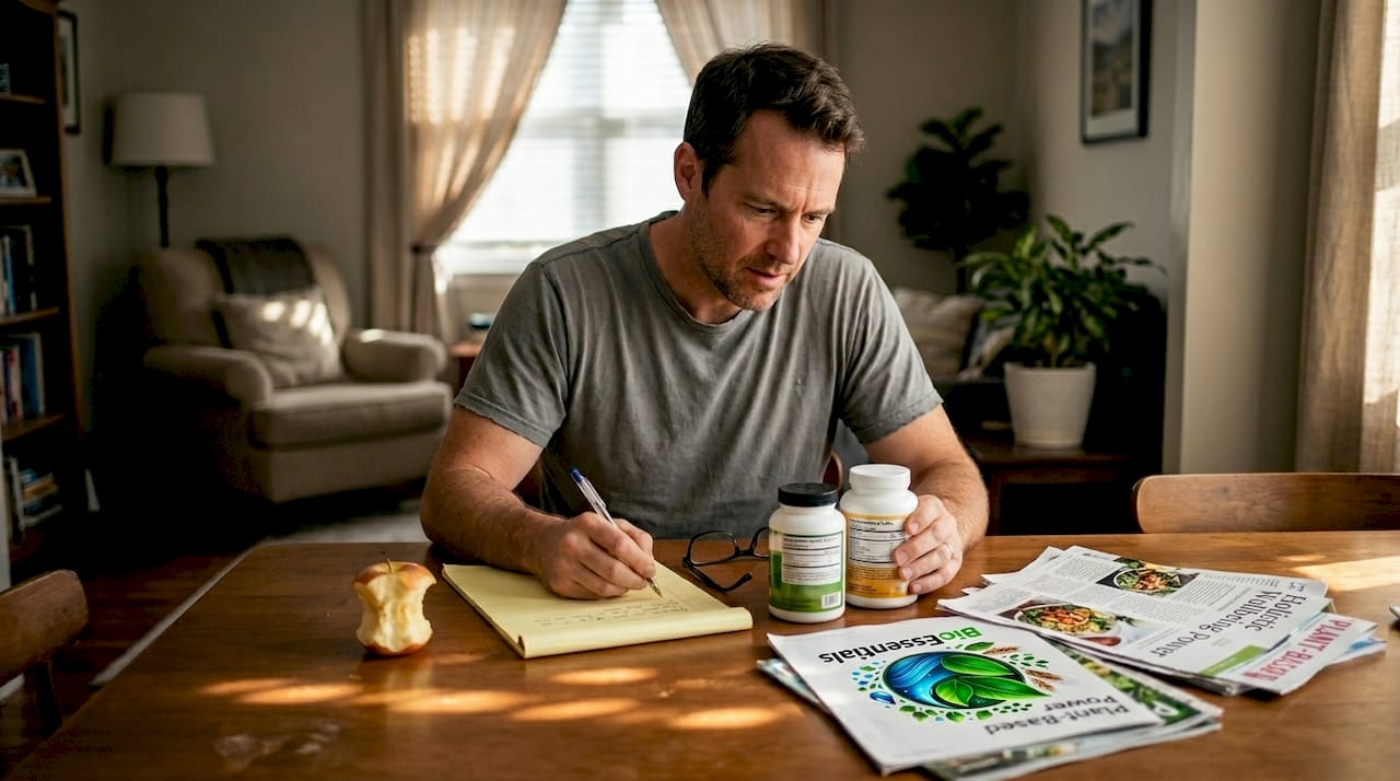 Man comparing supplement bottles on dining table