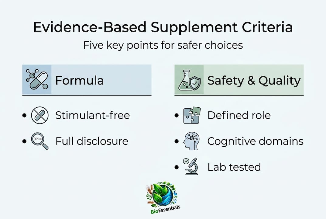 Infographic showing supplement selection criteria