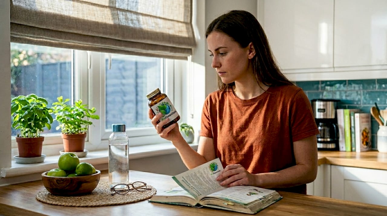Woman checking supplement ingredient details
