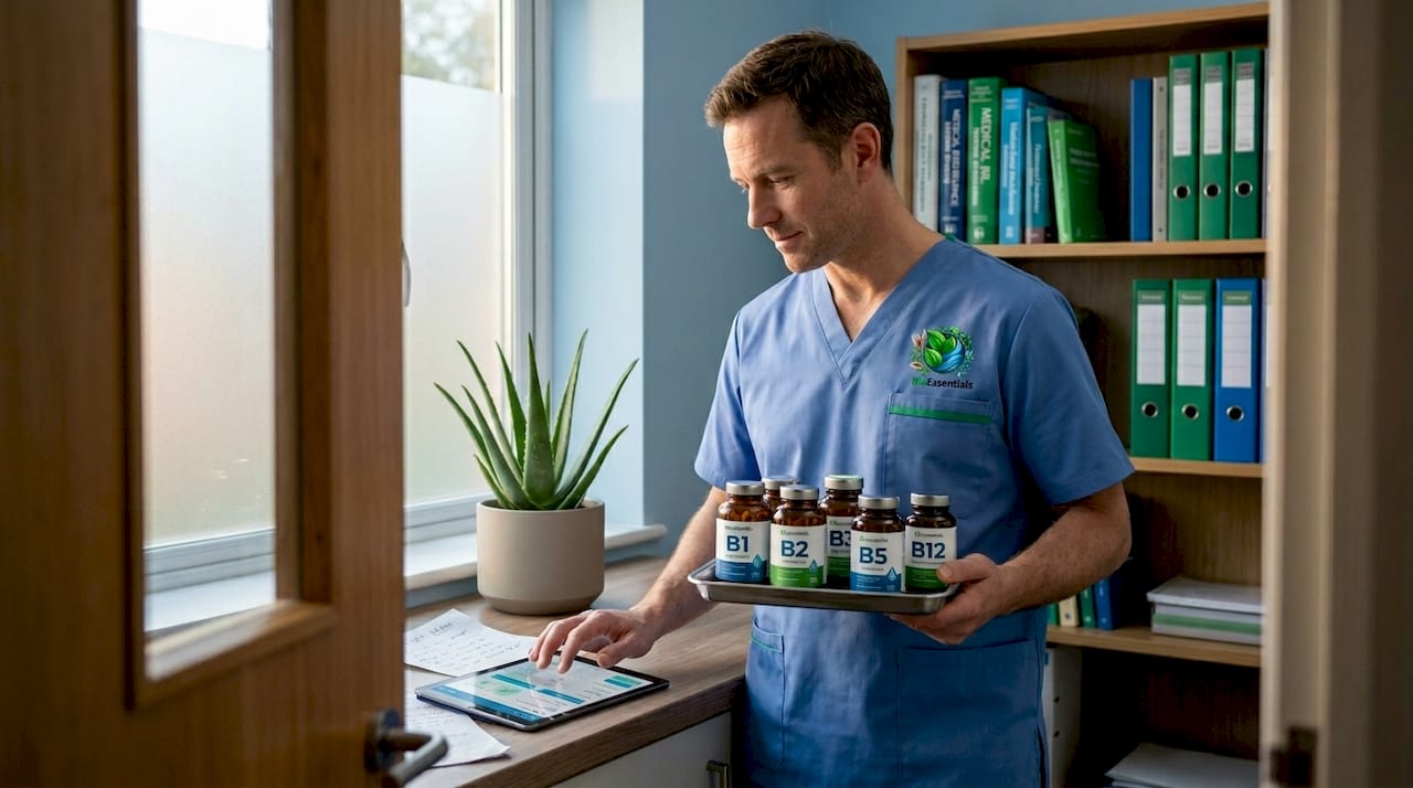Nutritionist organizing B vitamin supplements