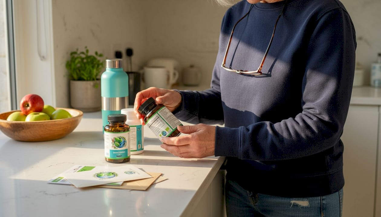 Woman reading liver supplement labels at counter