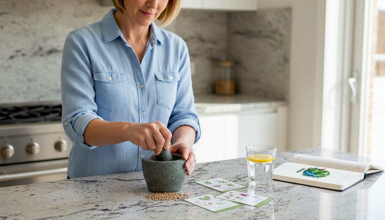 Nutritionist using mortar and pestle with milk thistle