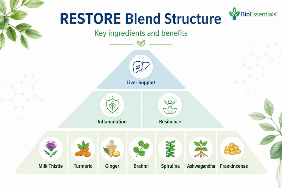 Infographic showing RESTORE ingredient structure and roles