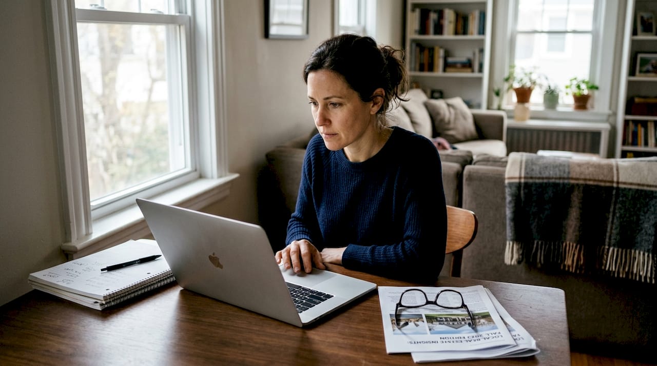 Woman studying local property prices on laptop