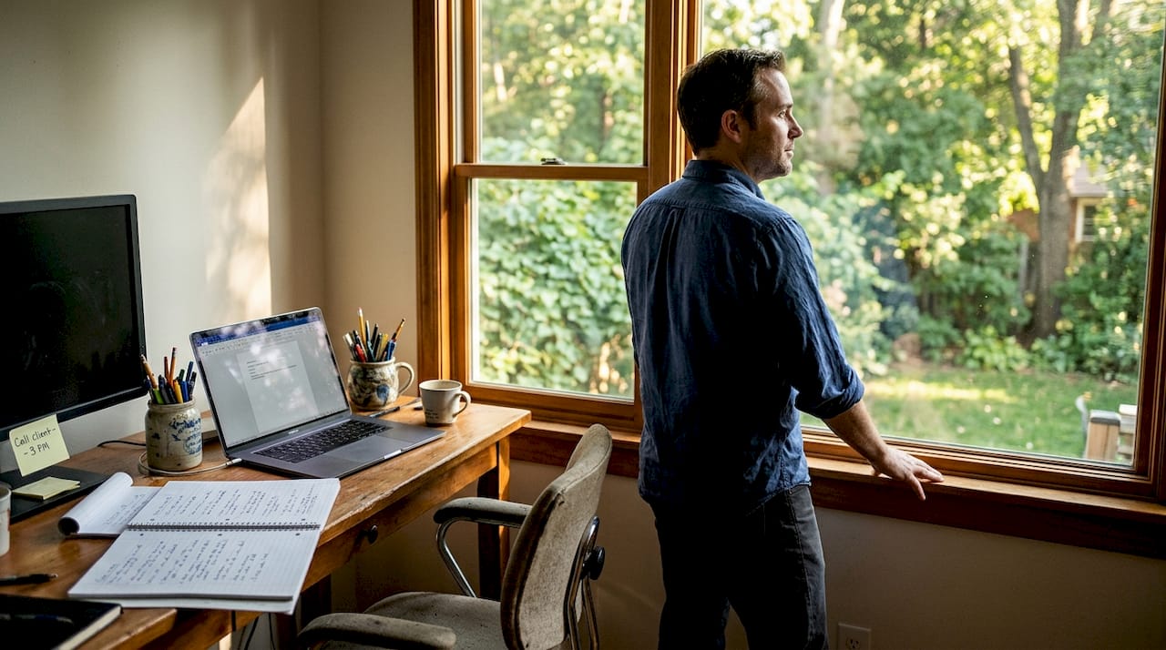 Man taking mindful break in home office