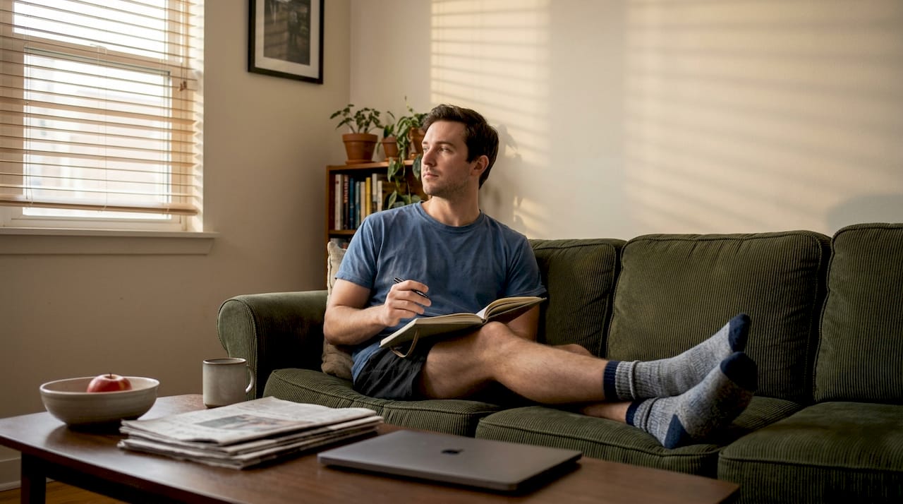 Man reflecting quietly on sofa with journal