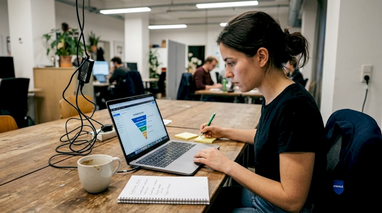 Eine Unternehmerin setzt ein neues CRM-System im Coworking Space auf.