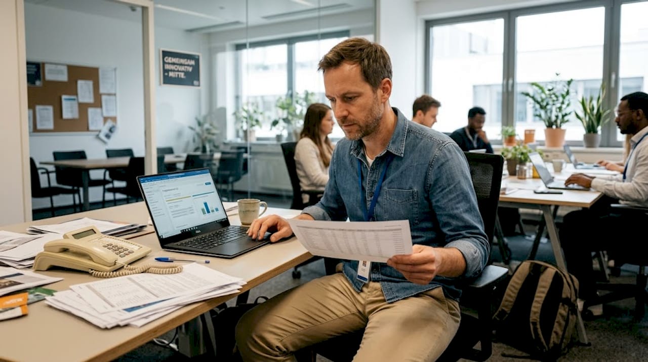 Ein Mann prüft verschiedene CRM-Datenoptionen und wägt am Schreibtisch die besten Möglichkeiten ab.