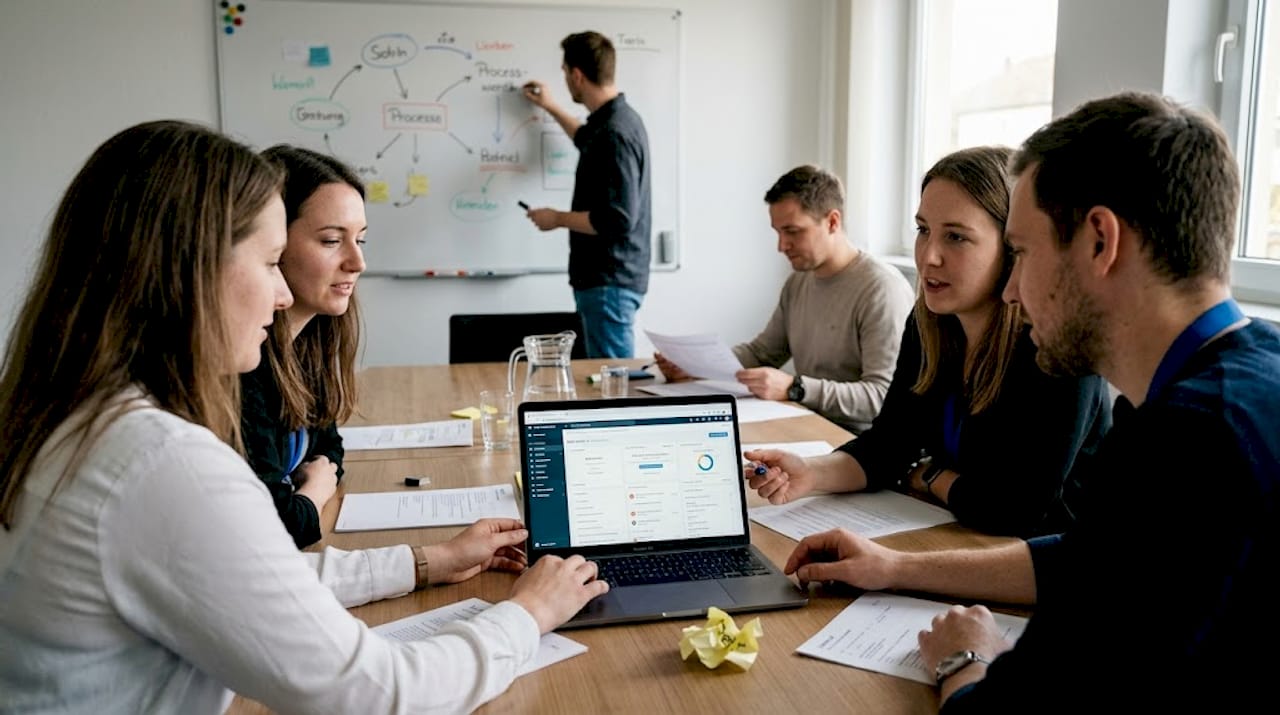 Ein kleines Team berät über die Einführung eines neuen CRM-Systems.