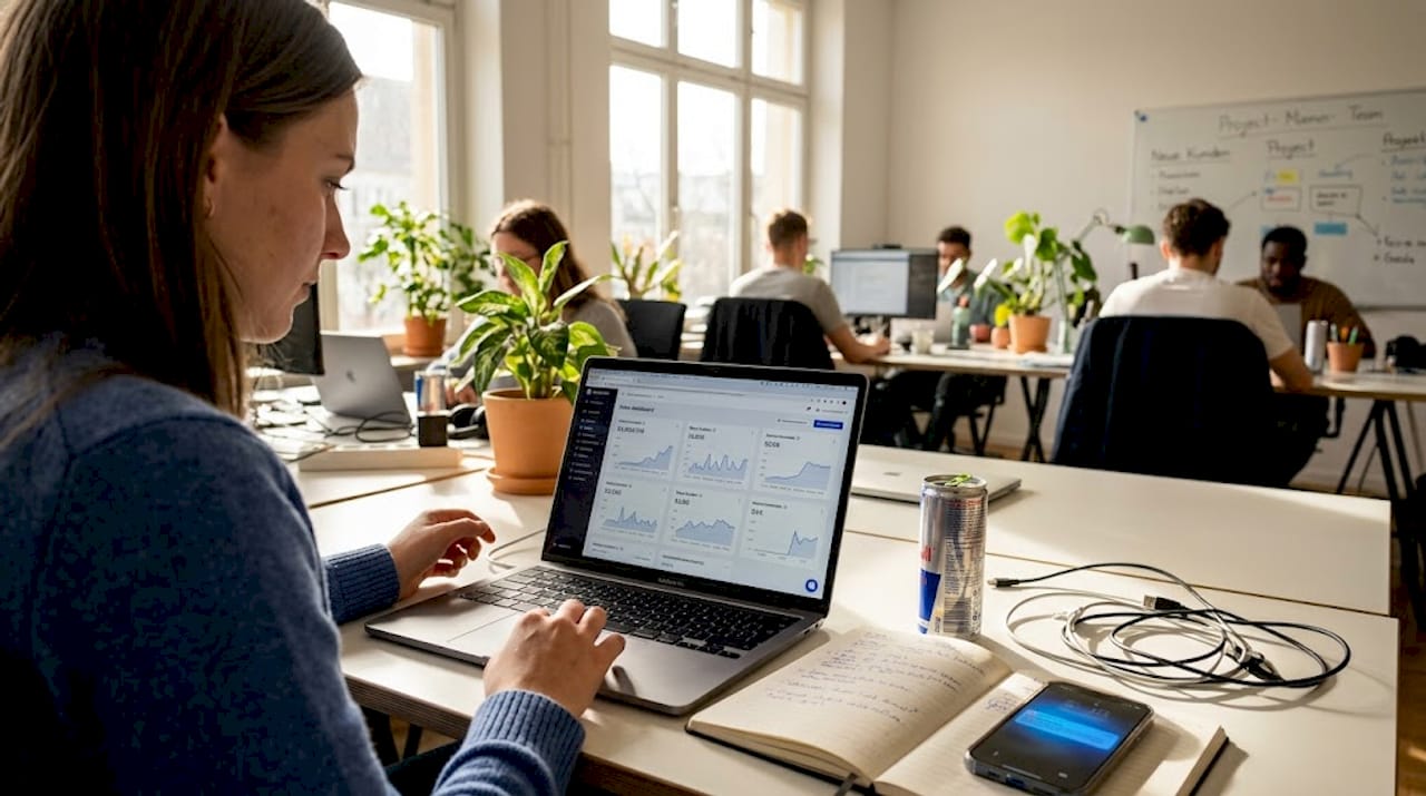 Start-up-Gründer analysiert Vertriebszahlen am Schreibtisch mit einem Dashboard.