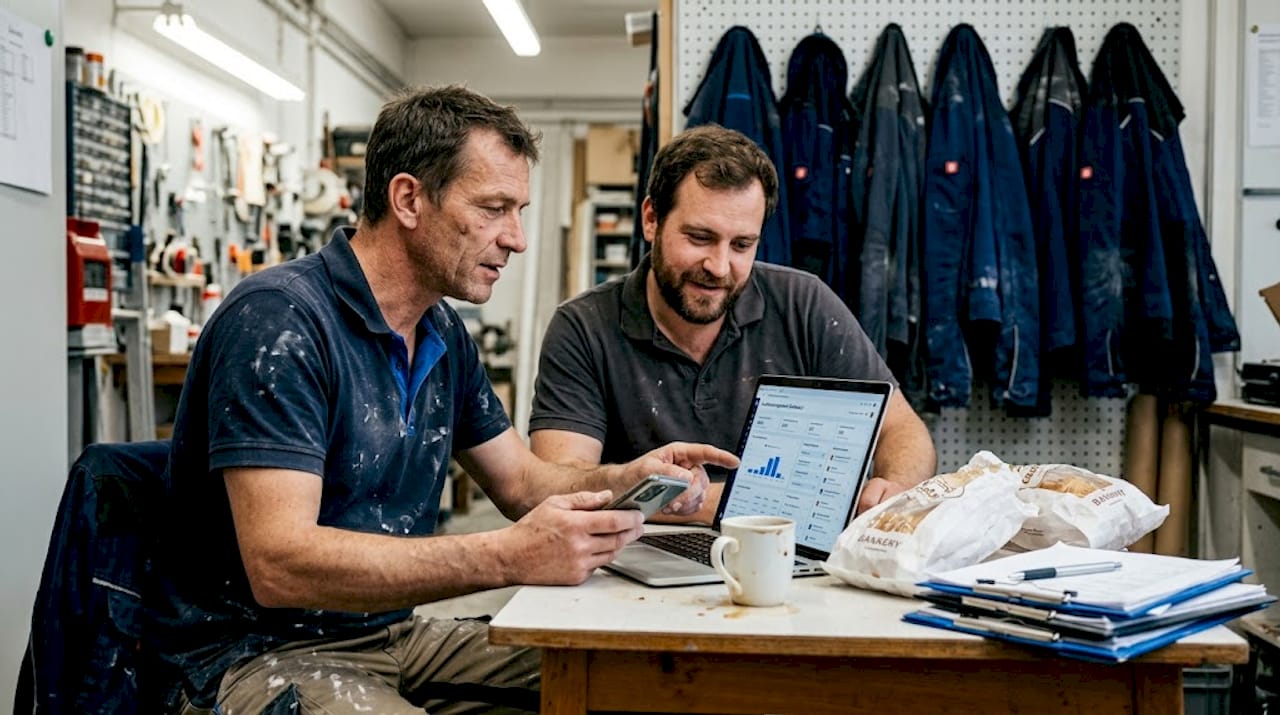 Beim Kaffee in der Pause checkt das Handwerkerteam gemeinsam die Kundendaten im CRM-System.
