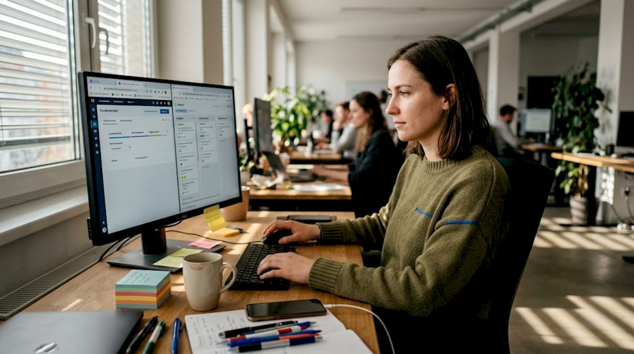 Professionell zwischen CRM- und Kanban-Tools am Schreibtisch wechseln