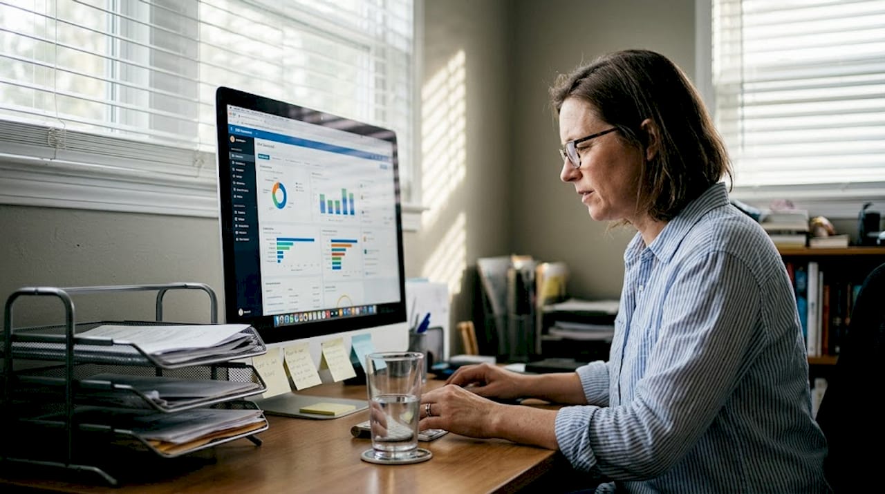 Eine Frau arbeitet im Homeoffice und setzt dabei eine CRM-Software ein.