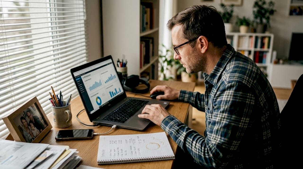 Ein Mann sitzt am Schreibtisch und wertet Kundendaten aus.