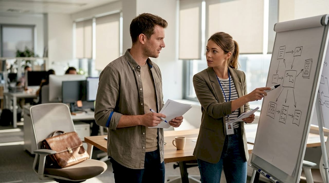 Zwei Kollegen tauschen sich über ein Problem mit der Datensicherheit aus.