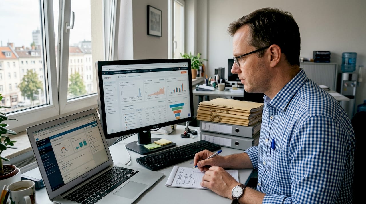 Eine Büroleitung prüft aktuell die Kundendaten im CRM-System und achtet dabei besonders auf den Datenschutz.