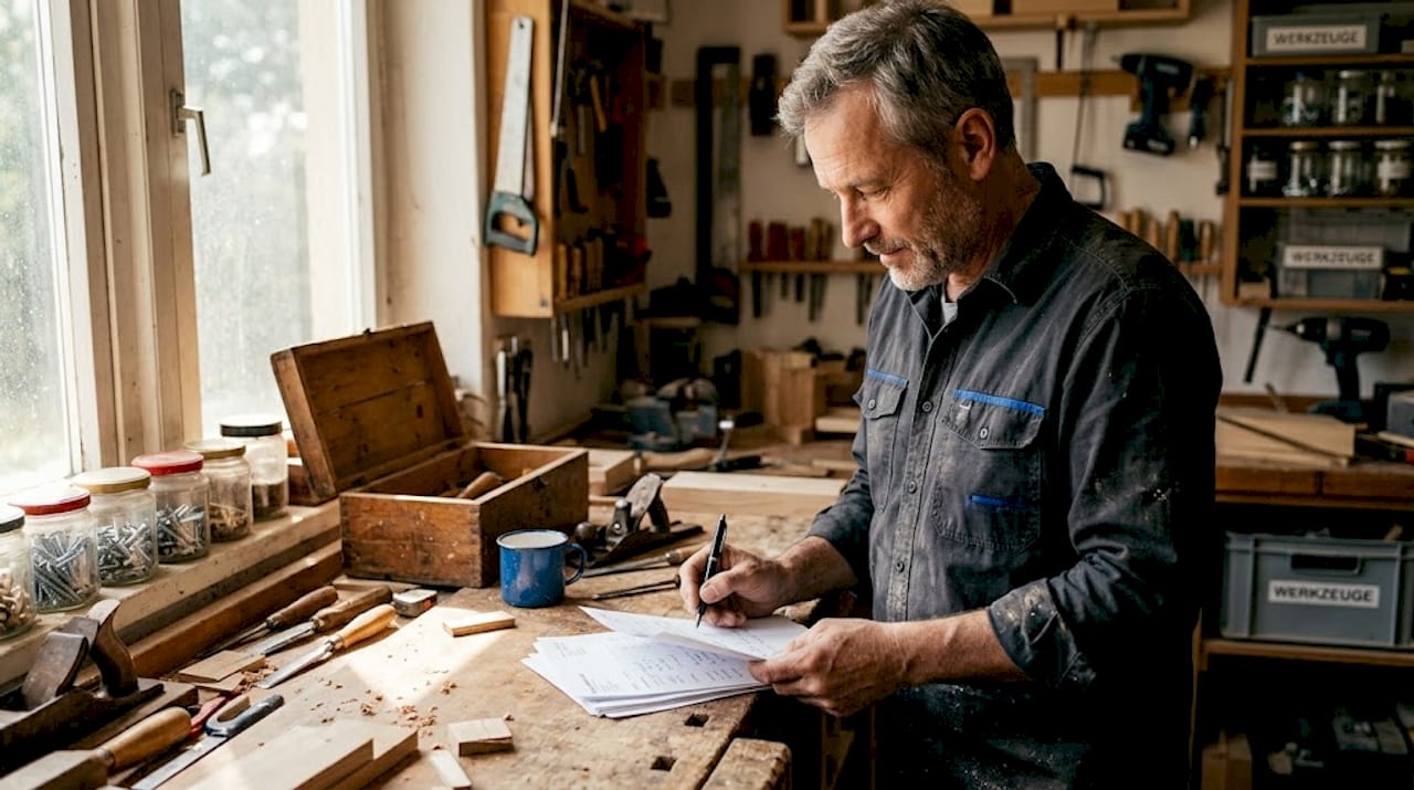 Ein Handwerker sitzt inmitten seines vollgestellten Werkstatt-Chaos und geht konzentriert seine Unterlagen durch.