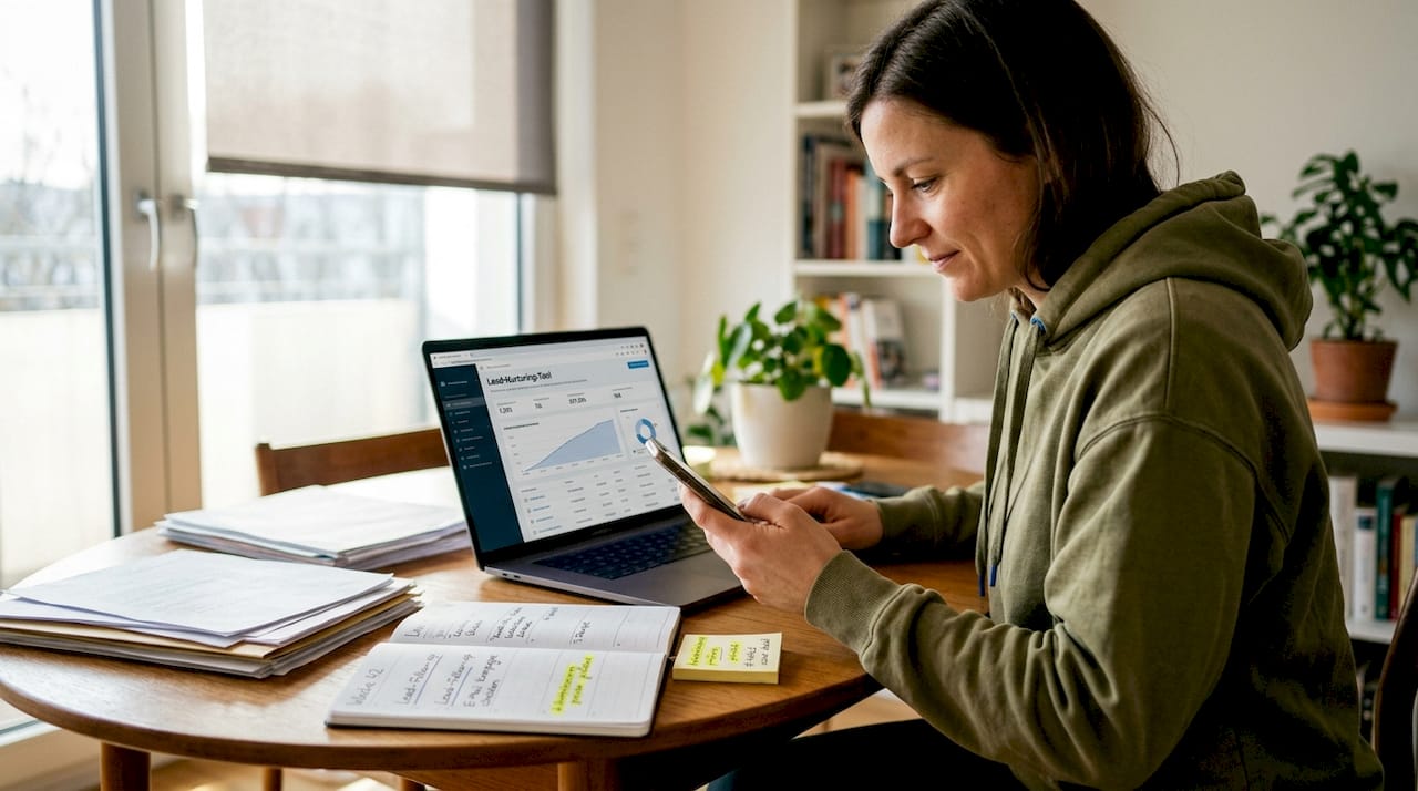 Zu Hause kümmert sich eine Frau um die Pflege ihrer CRM-Kundendaten.