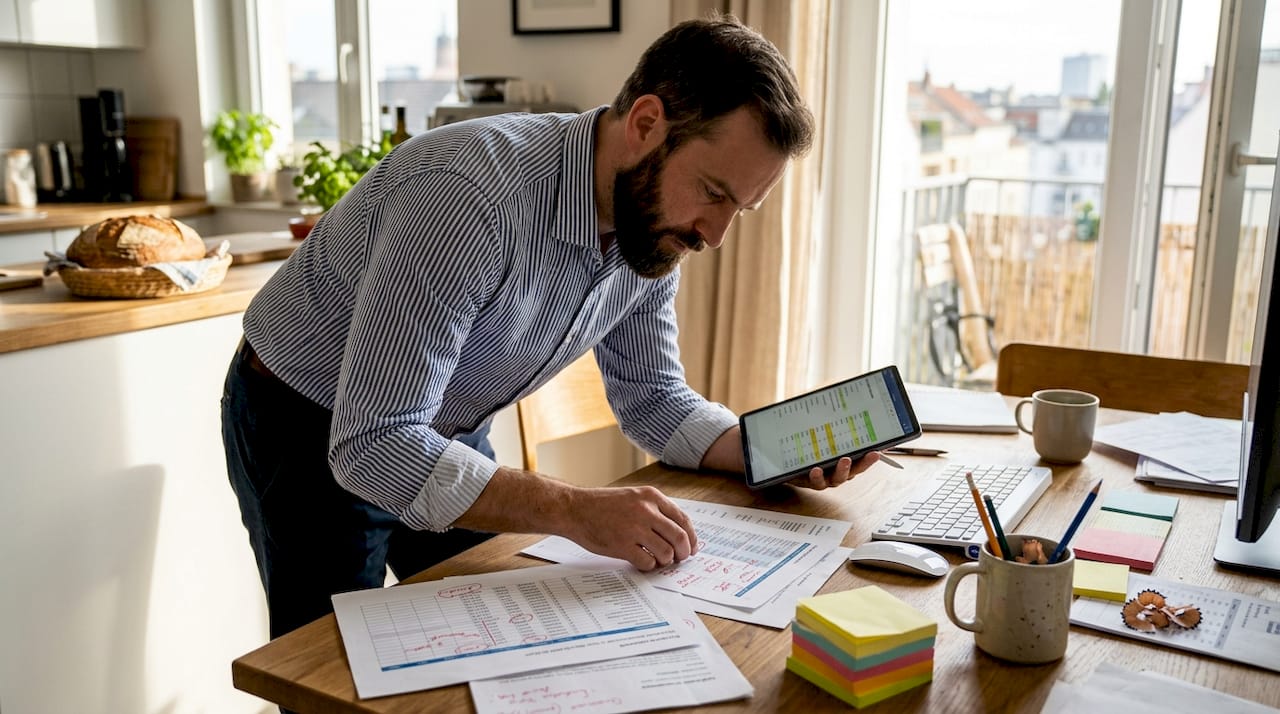 Ein Mann sitzt am Esstisch und wirft einen Blick auf seine CRM-Daten.