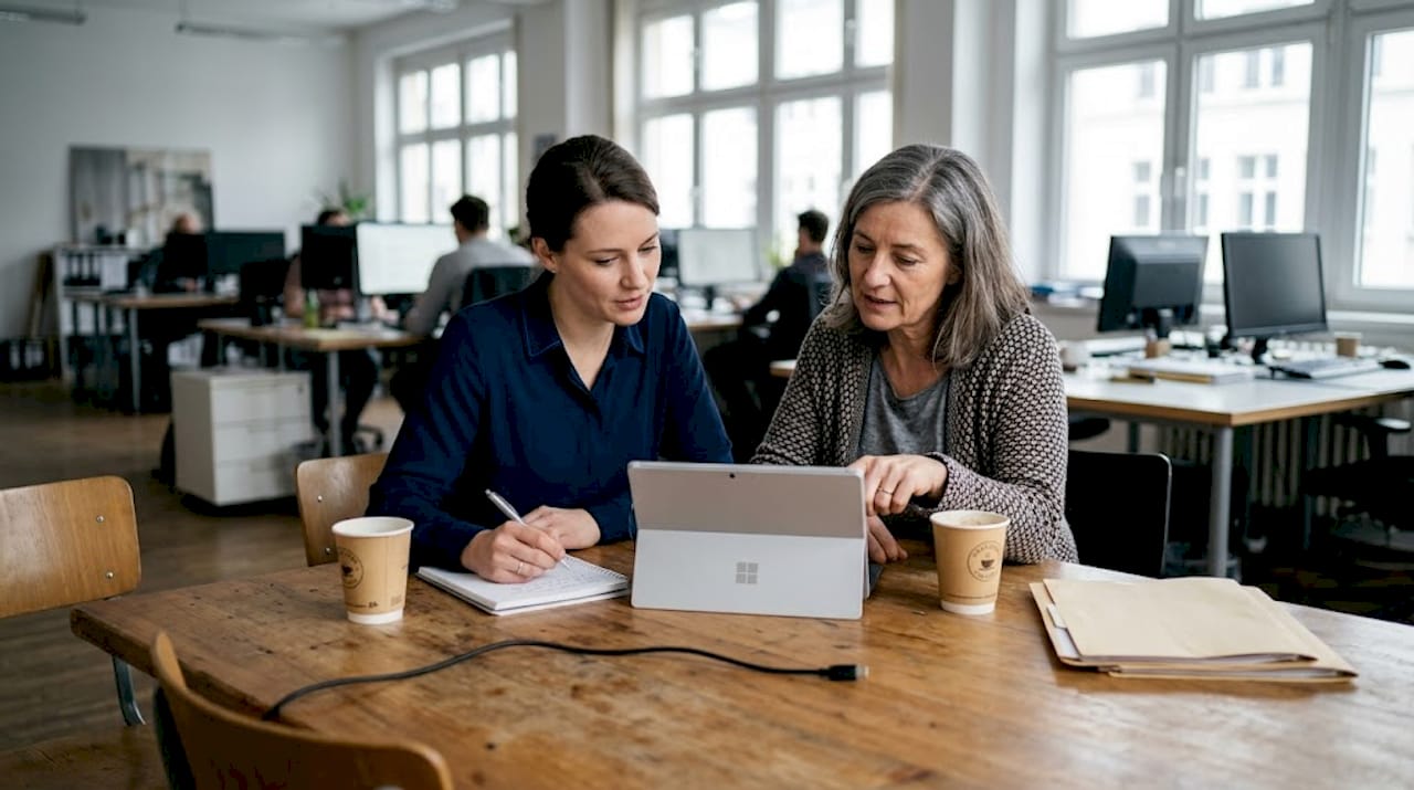 Zwei Kollegen stimmen sich gemeinsam über Aufgaben am Tablet ab.