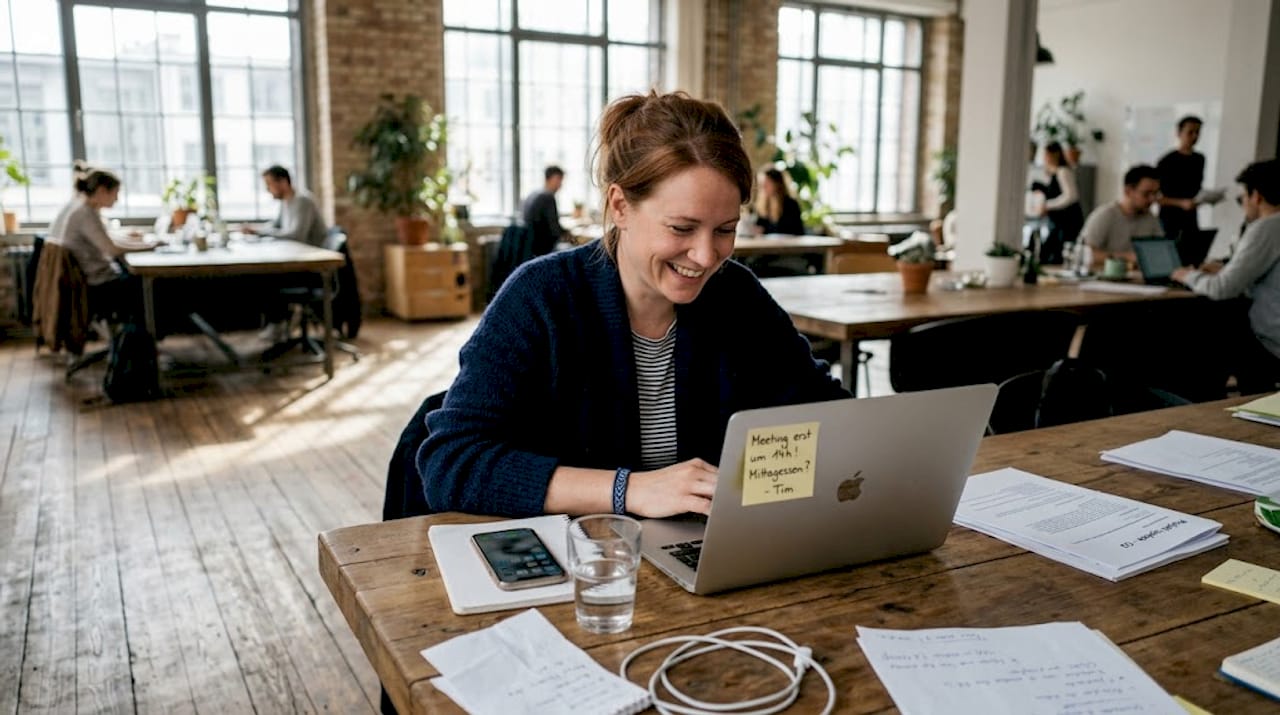 Eine Kollegin arbeitet am Gemeinschaftstisch mit dem CRM-System.