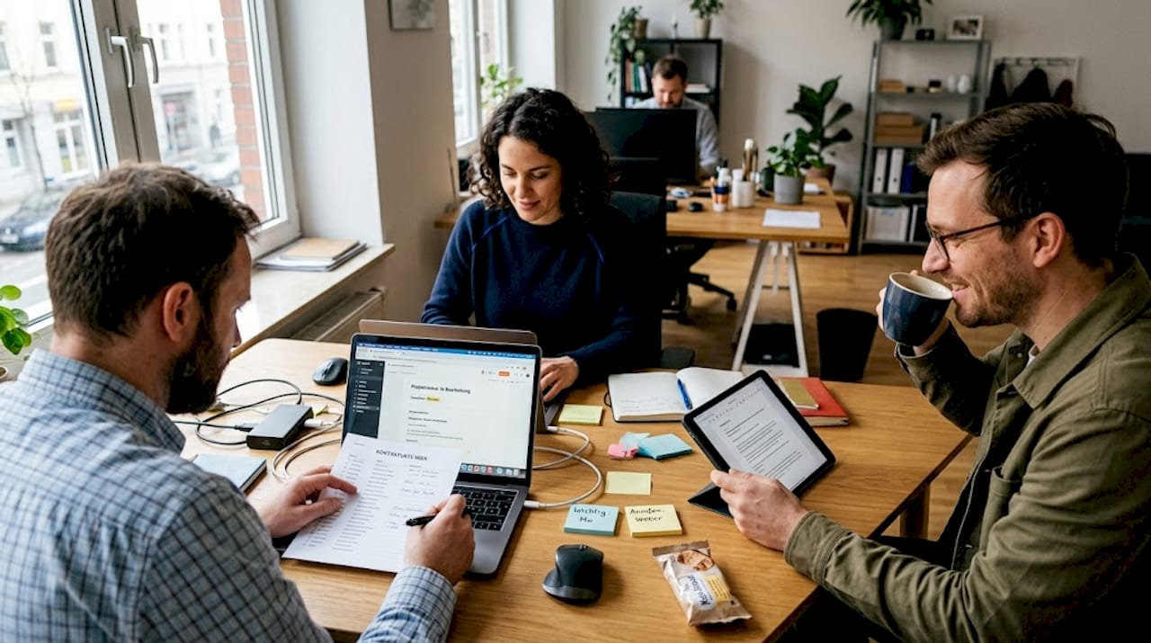 Ein kleines Team arbeitet gemeinsam am Schreibtisch und nutzt dabei eine CRM-Software, um Kundendaten effizient zu verwalten.