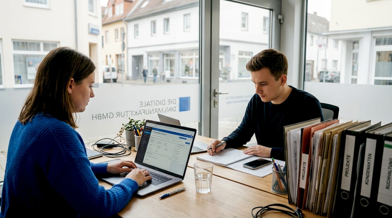 Zwei Kollegen arbeiten gemeinsam am Schreibtisch mit einem CRM-System.