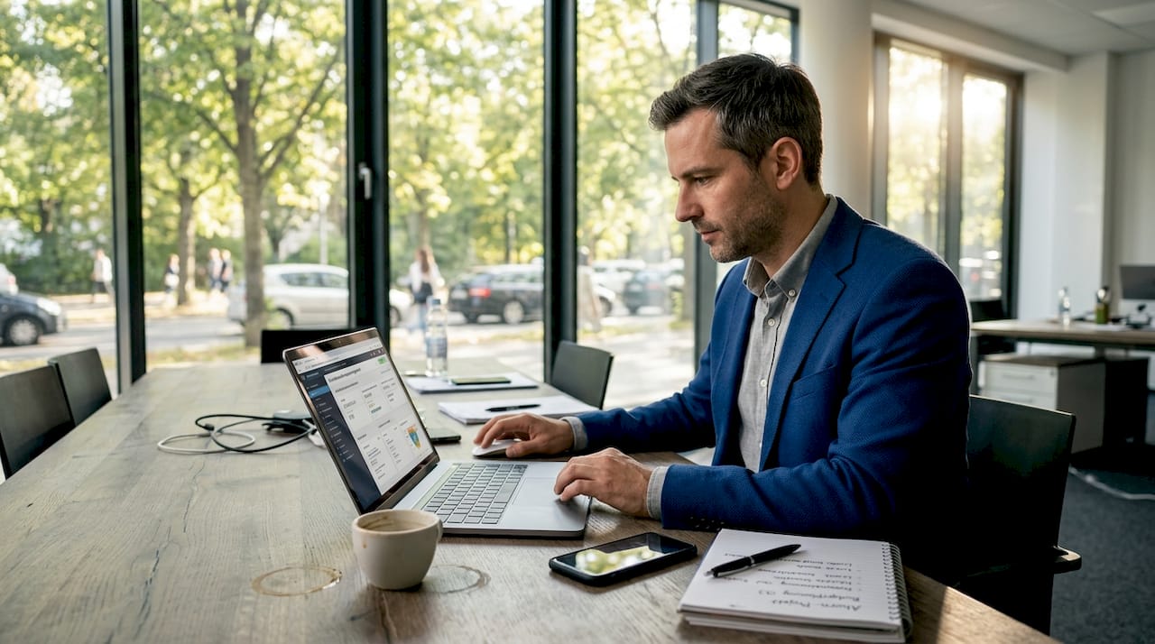 Ein Unternehmer sitzt in seinem kleinen Büro und arbeitet am Laptop mit einer CRM-Software.