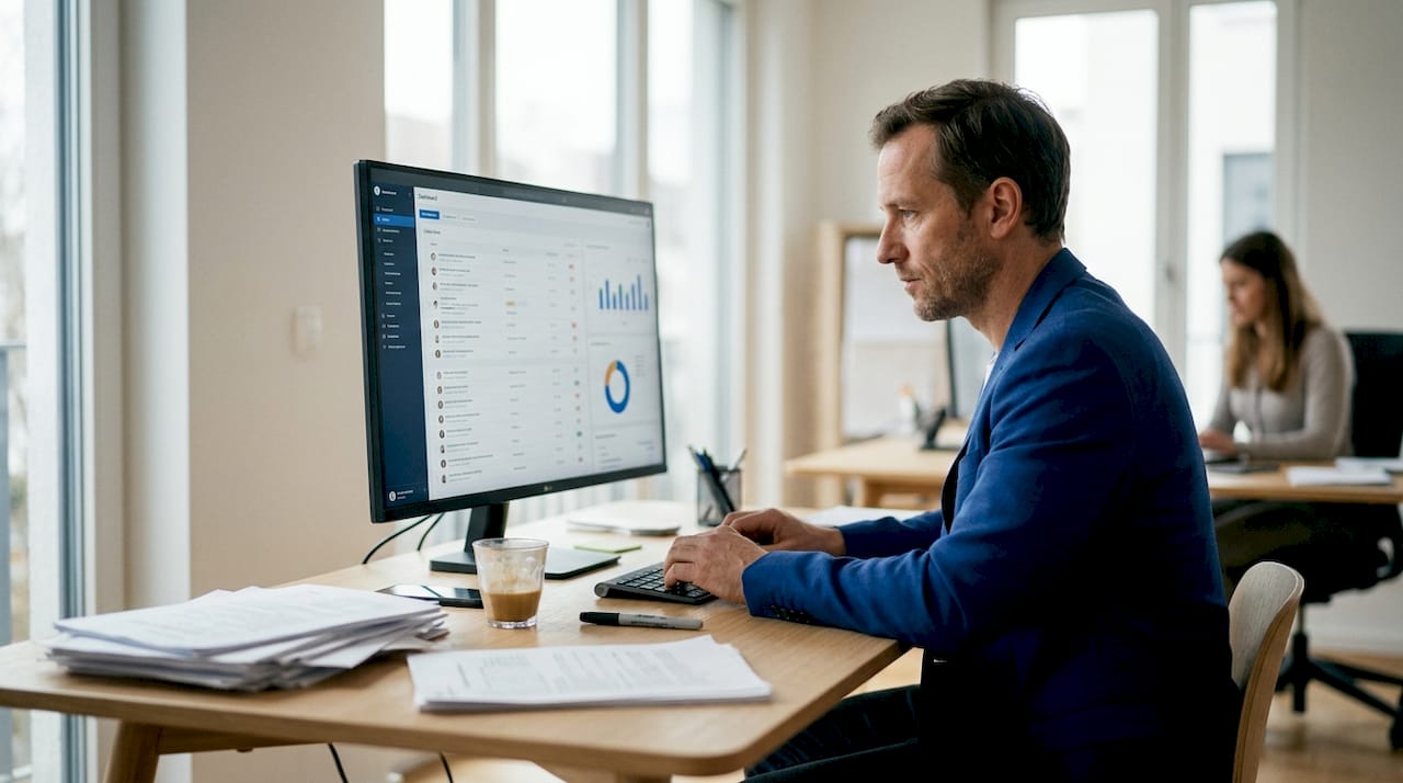 Ein Mitarbeiter einer Agentur startet seinen Arbeitstag im Büro und verschafft sich am CRM-Dashboard einen Überblick über die aktuellen Projekte und Kundenvorgänge.
