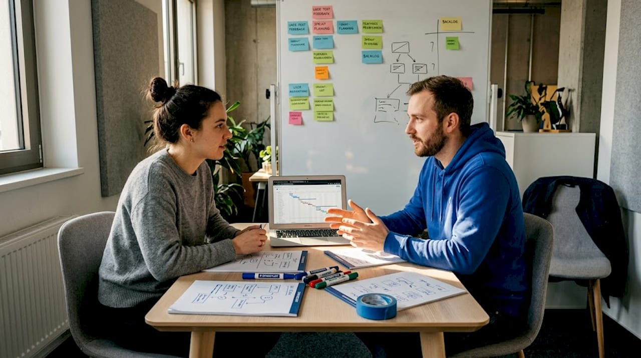 Zwei Kollegen sitzen an einem kleinen Schreibtisch und tauschen kreative Ideen aus.