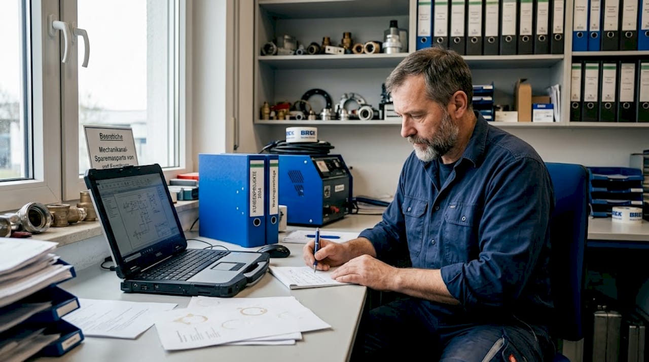 Im Büro setzt sich der Handwerker hin und verfasst seine Anfragen ganz klassisch per Hand auf Papier.
