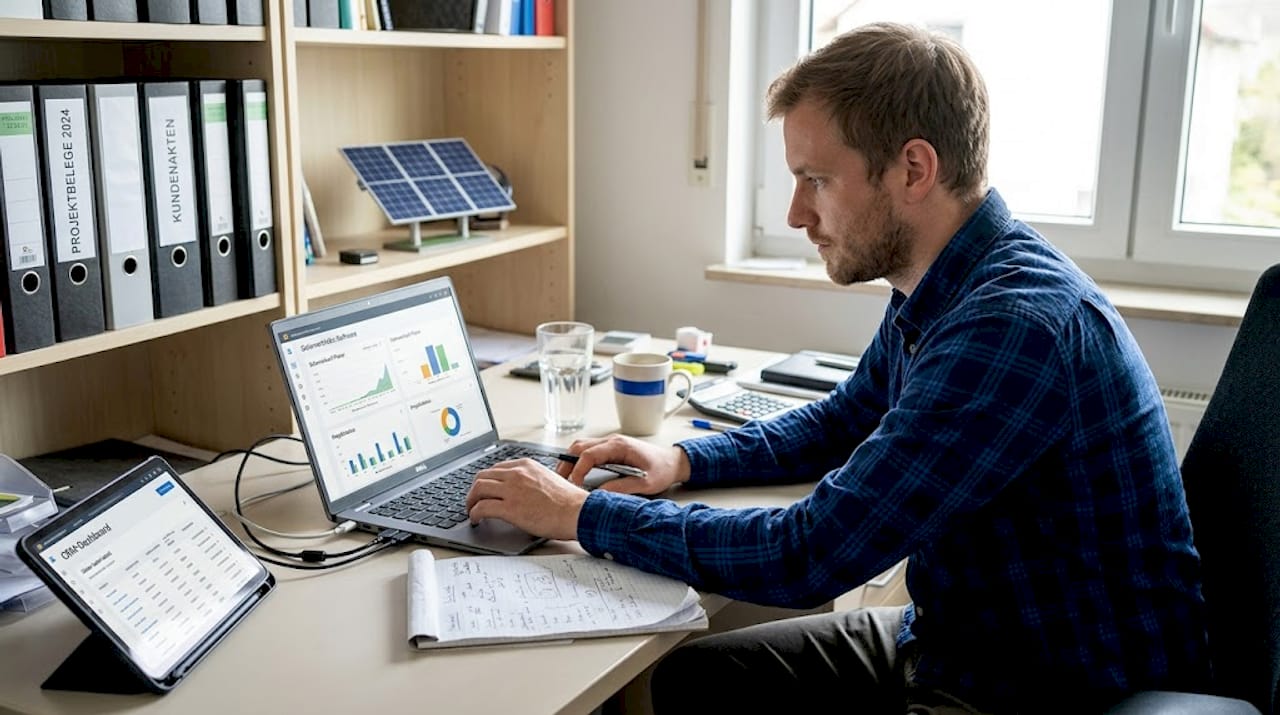 Mitarbeiter arbeiten im Büro mit einer Software für den Vertrieb von Solaranlagen.