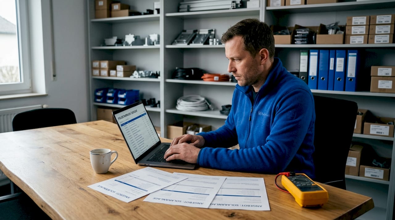 Ein Solarteur vertieft sich konzentriert in seine Arbeit am Laptop im Büro.
