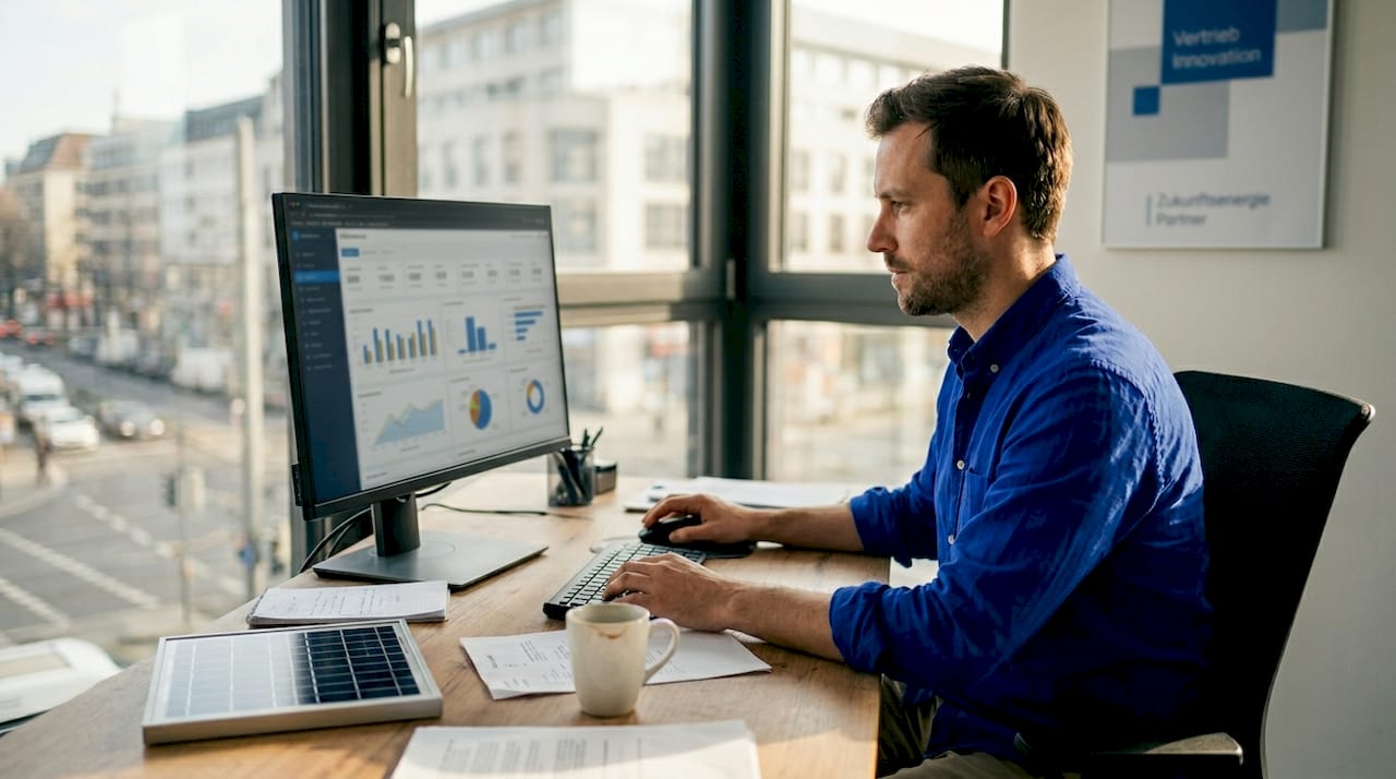 Ein Mitarbeiter im Vertrieb für Solaranlagen pflegt im Büro die Kundendaten im CRM-System.