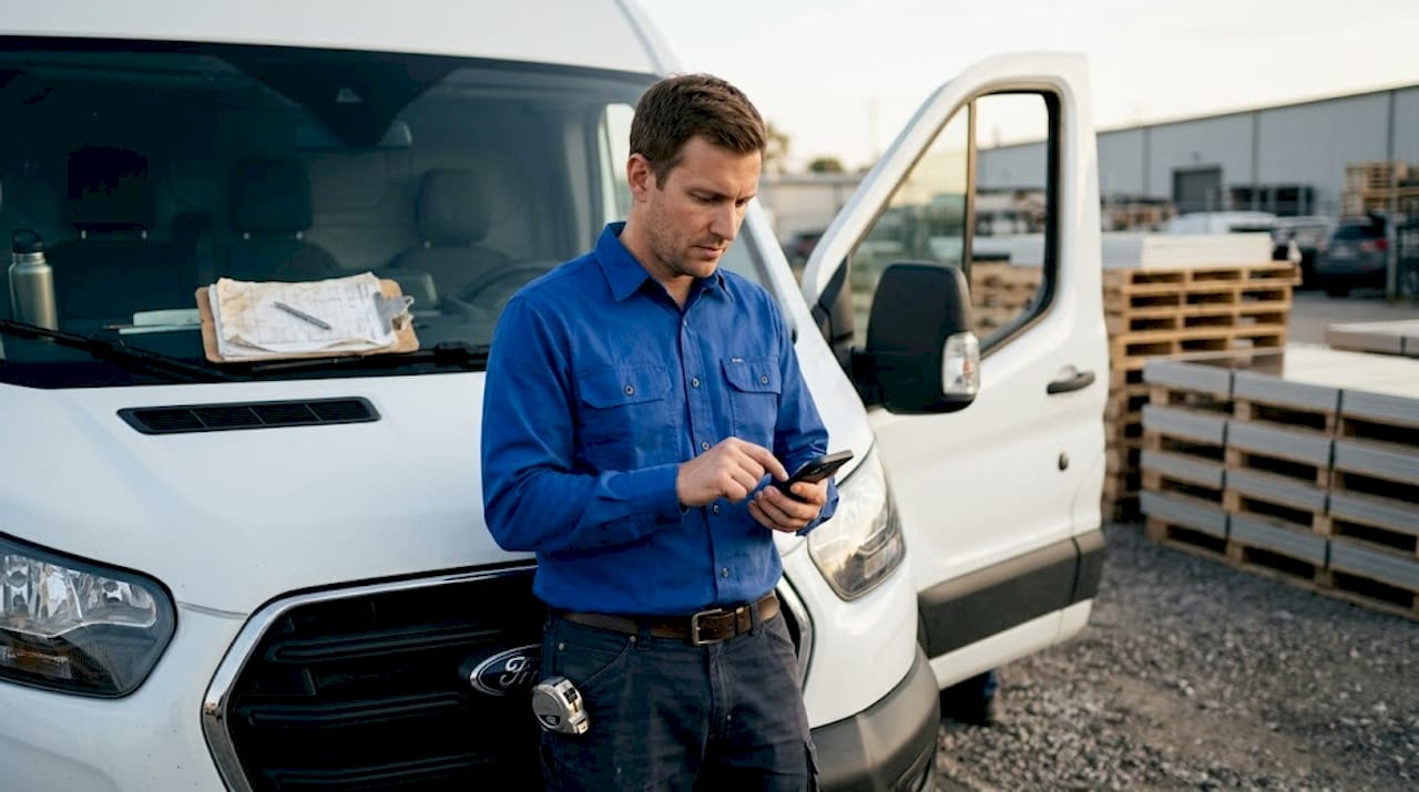 Ein Mitarbeiter im Solarvertrieb gibt auf dem Parkplatz Daten direkt über sein Smartphone ein.