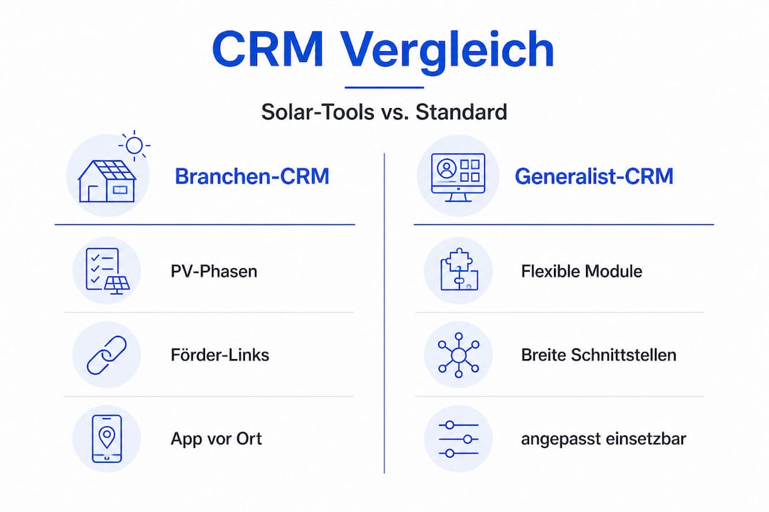 Vergleichsgrafik: Branchenspezifische CRM-Lösungen für Solartechnik versus klassische Allround-CRM-Systeme