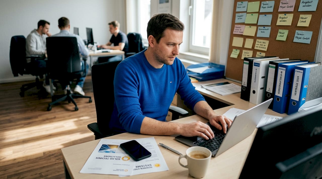 Ein Vertriebsmitarbeiter bearbeitet am Schreibtisch neue Anfragen für Solaranlagen.