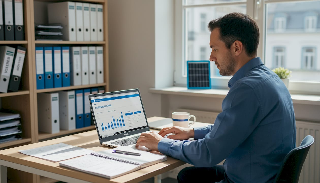 Im PV-Büro testet ein Mitarbeiter am Schreibtisch verschiedene CRM-Programme.