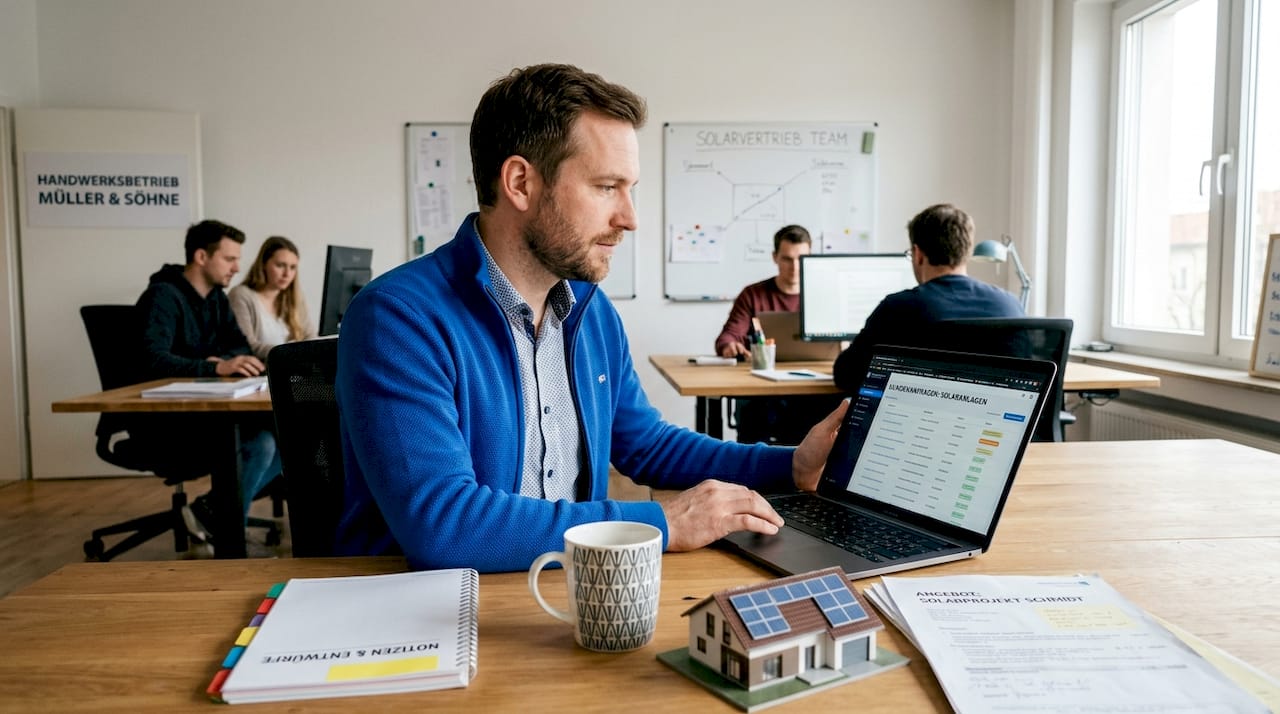 Ein Mitarbeiter im Vertrieb für Solaranlagen arbeitet konzentriert an seinem Laptop im Büro.