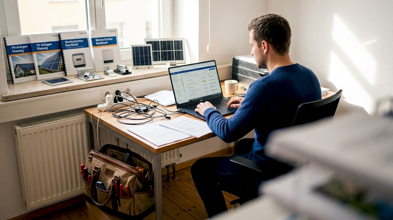 Ein Solarvertriebler sitzt im Büro, arbeitet mit dem CRM-System und hat seine Werkzeugtasche griffbereit.
