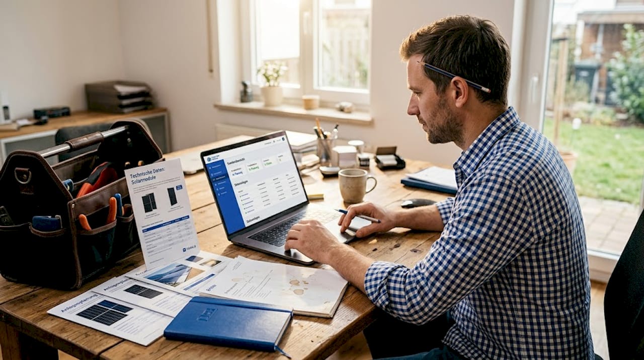 Im Büro wirft der Handwerksmeister einen prüfenden Blick auf das Solar-CRM-System.