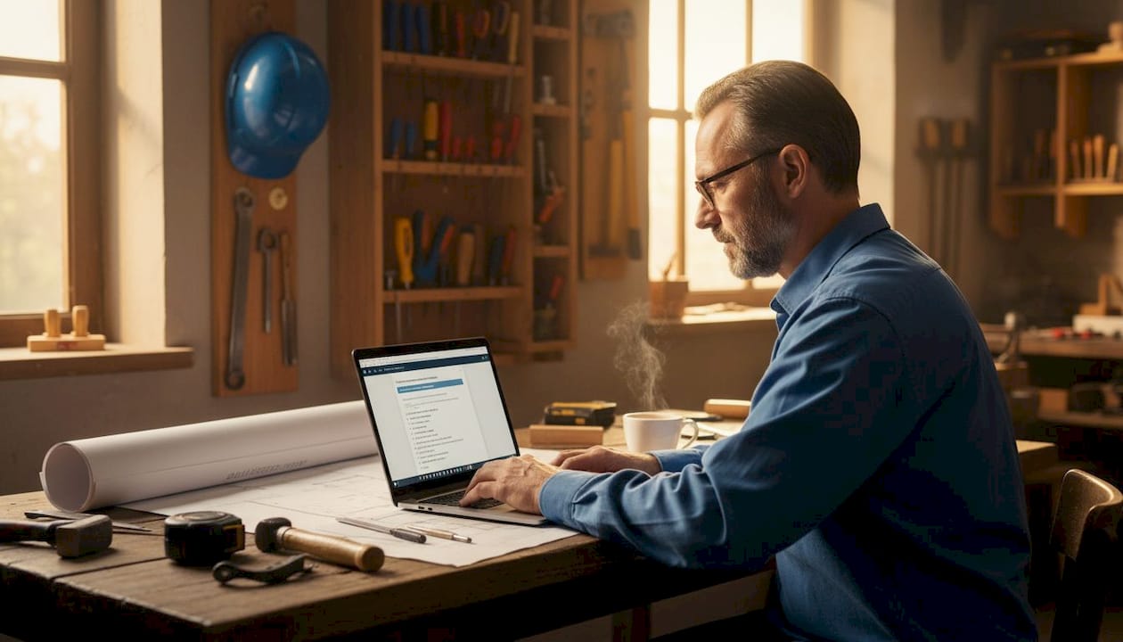 Der Handwerker trägt im Büro seine Kundendaten ins CRM-System ein.
