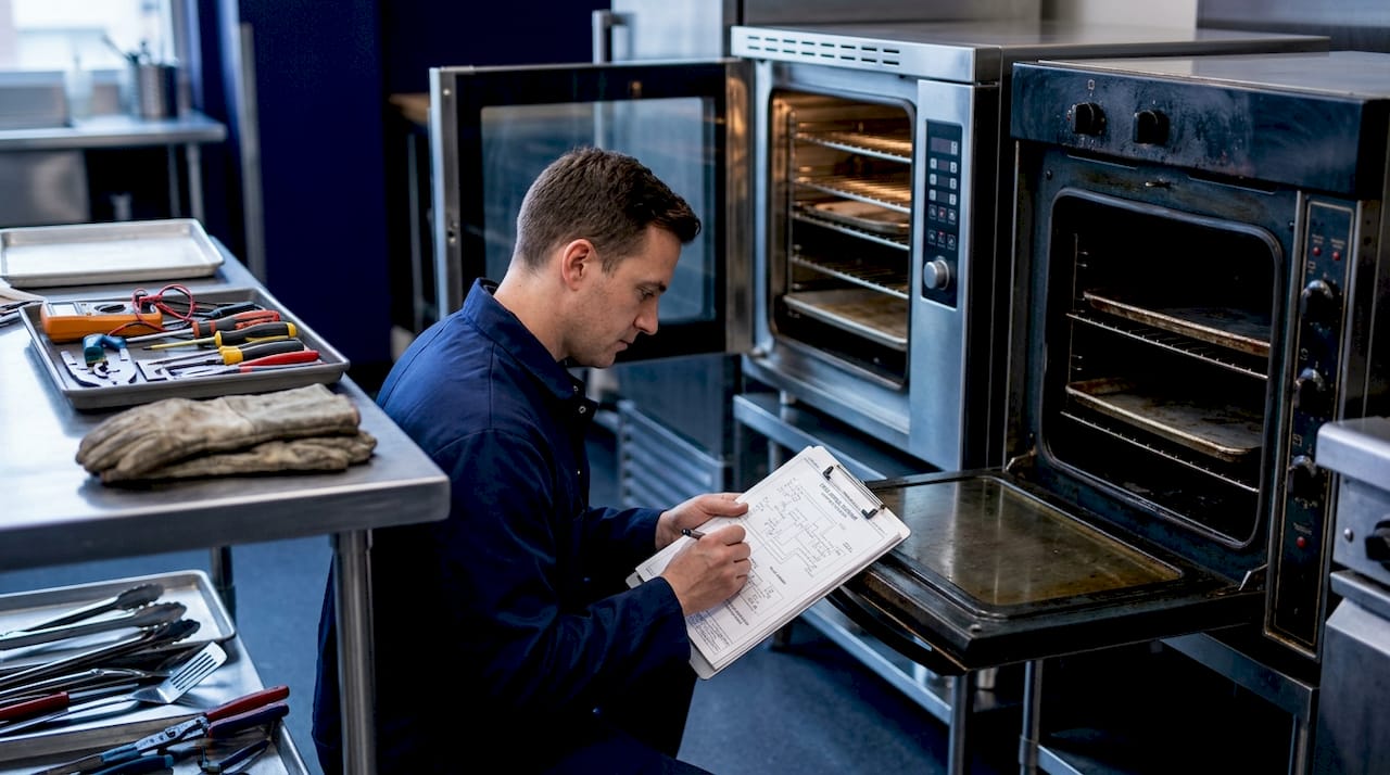 Technician comparing commercial oven designs