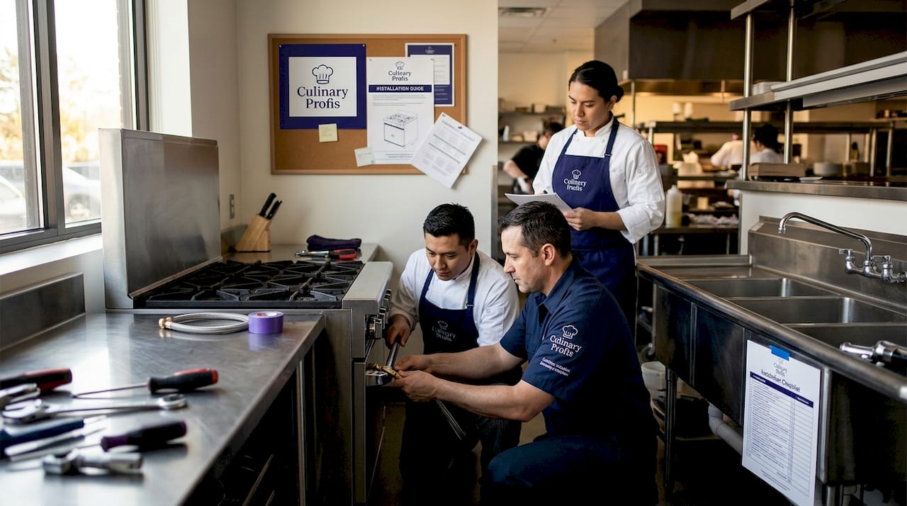 Staff installing commercial gas range in kitchen