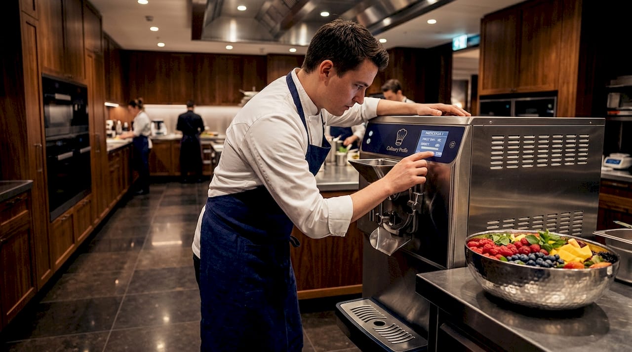 Pastry chef using frozen dessert machine