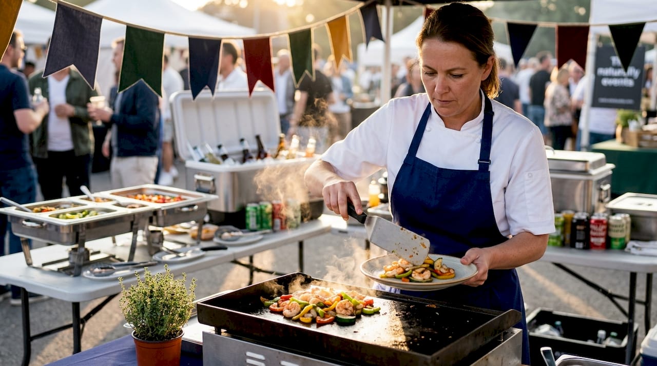 Chef plating griddled food at catering event