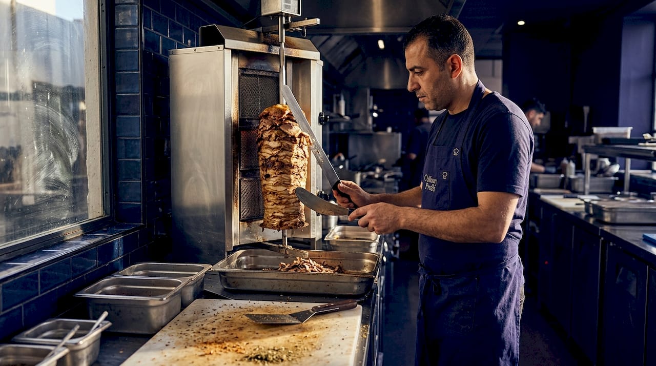 Worker slicing meat from vertical rotisserie oven