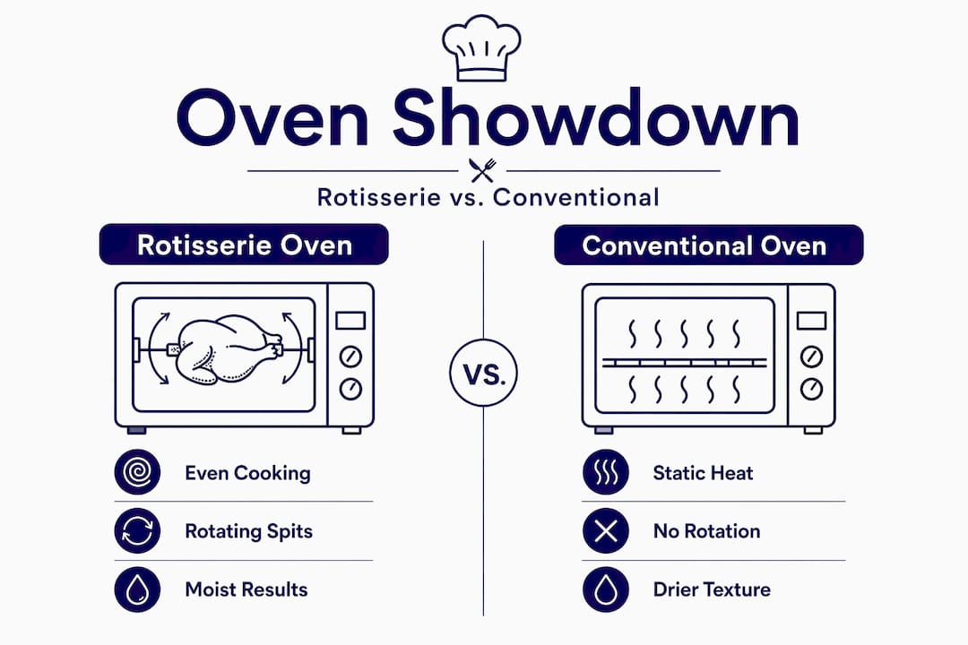 Infographic comparing rotisserie and conventional ovens